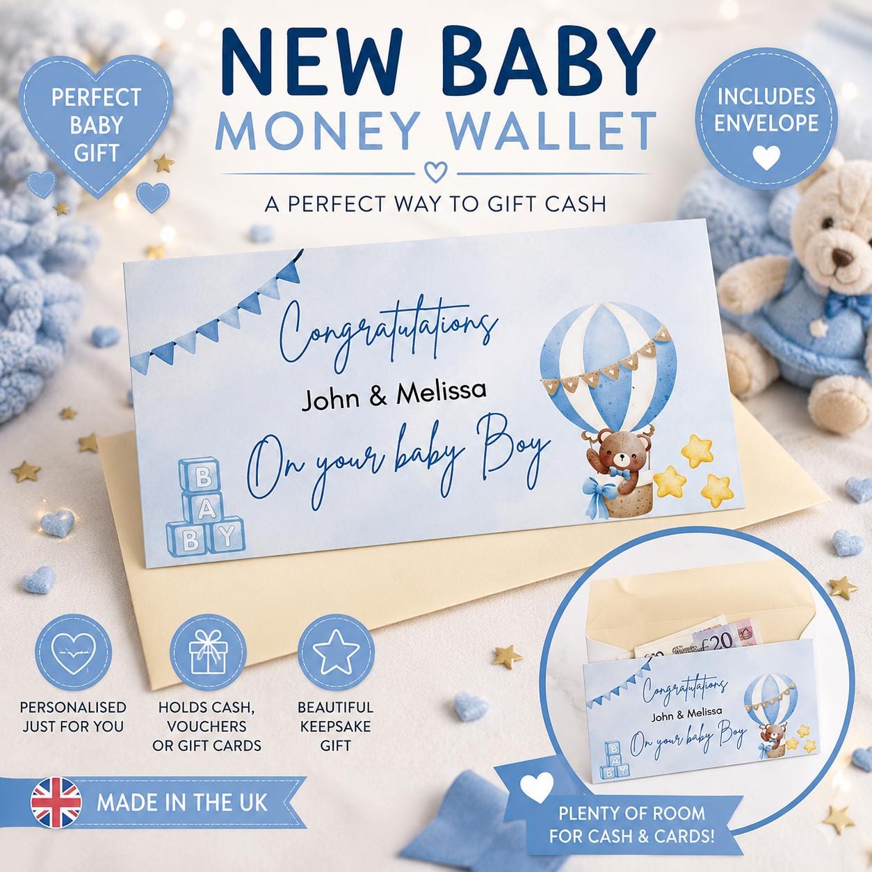 Personalised Baby Boy Money Wallet | New Baby Cash Gift Holder | Baby Shower Gift | Keepsake | Money Envelope