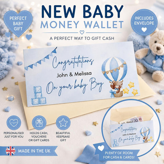 Personalised Baby Boy Money Wallet | New Baby Cash Gift Holder | Baby Shower Gift | Keepsake | Money Envelope