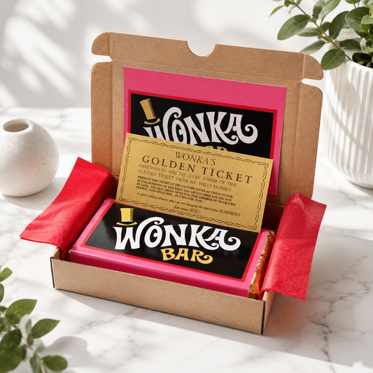 Personalised Wonka-inspired chocolate bar gift box with golden ticket for birthdays, Christmas, Easter and special occasions.