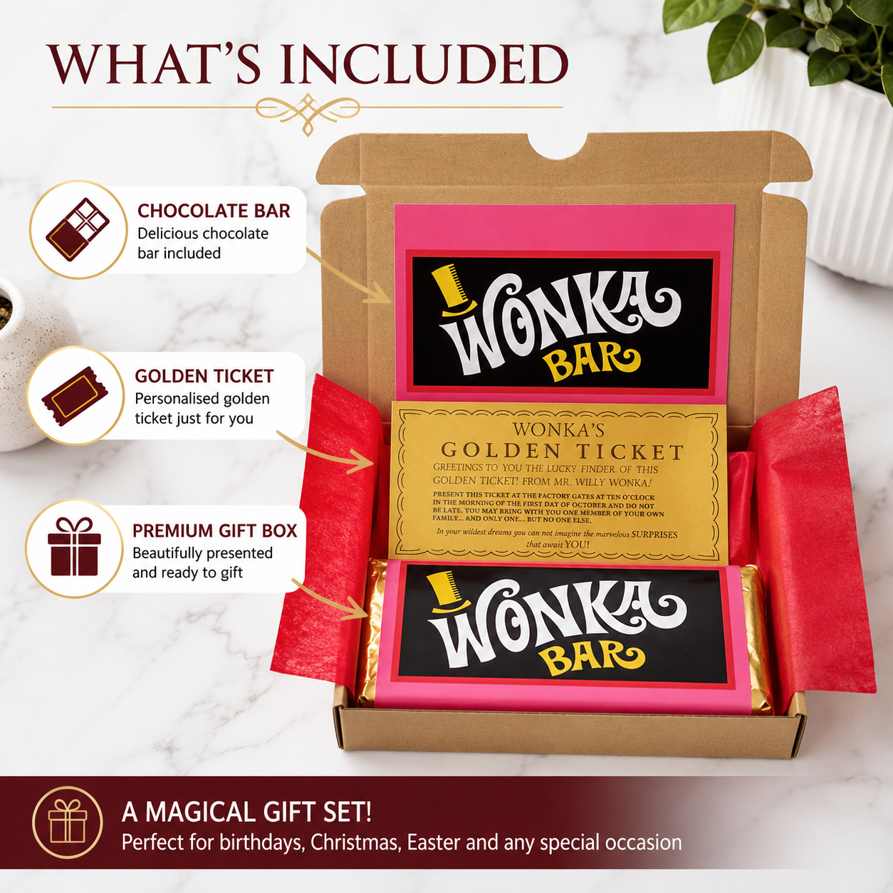 Personalised Wonka-inspired chocolate bar gift box with golden ticket for birthdays, Christmas, Easter and special occasions.
