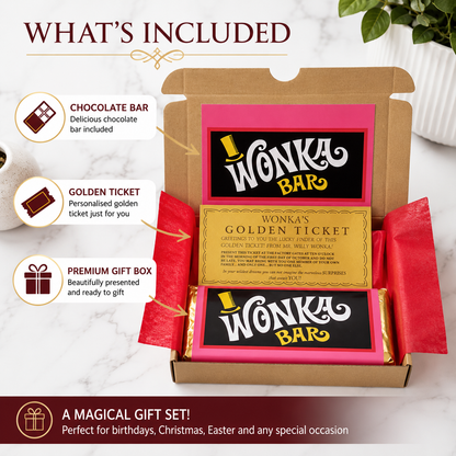 Personalised Wonka-inspired chocolate bar gift box with golden ticket for birthdays, Christmas, Easter and special occasions.
