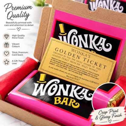 Personalised Wonka-inspired chocolate bar gift box with golden ticket for birthdays, Christmas, Easter and special occasions.